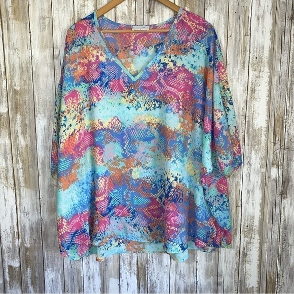 Adrienne Tops - Adrienne Sheer Snake Print Oversized V-Neck Tunic Blouse Blue Pink Size S
